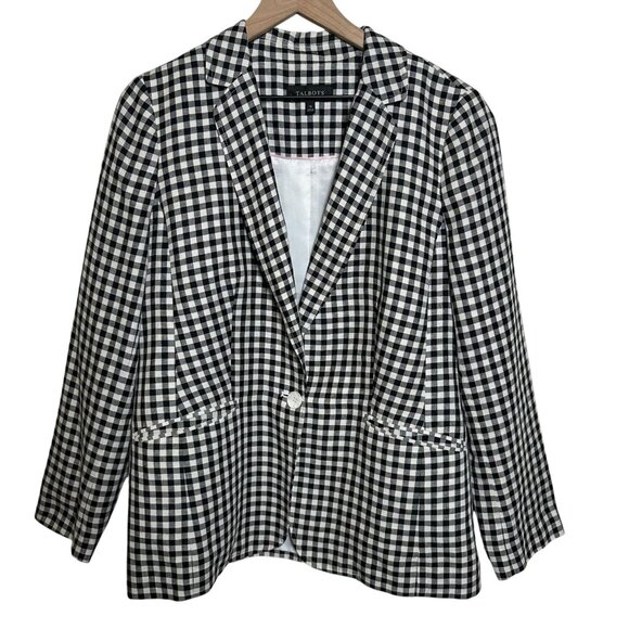 Talbots Blazer Gingham Pattern Sz 12 Black & White Linen Cotton Blend Preppy - Picture 1 of 12